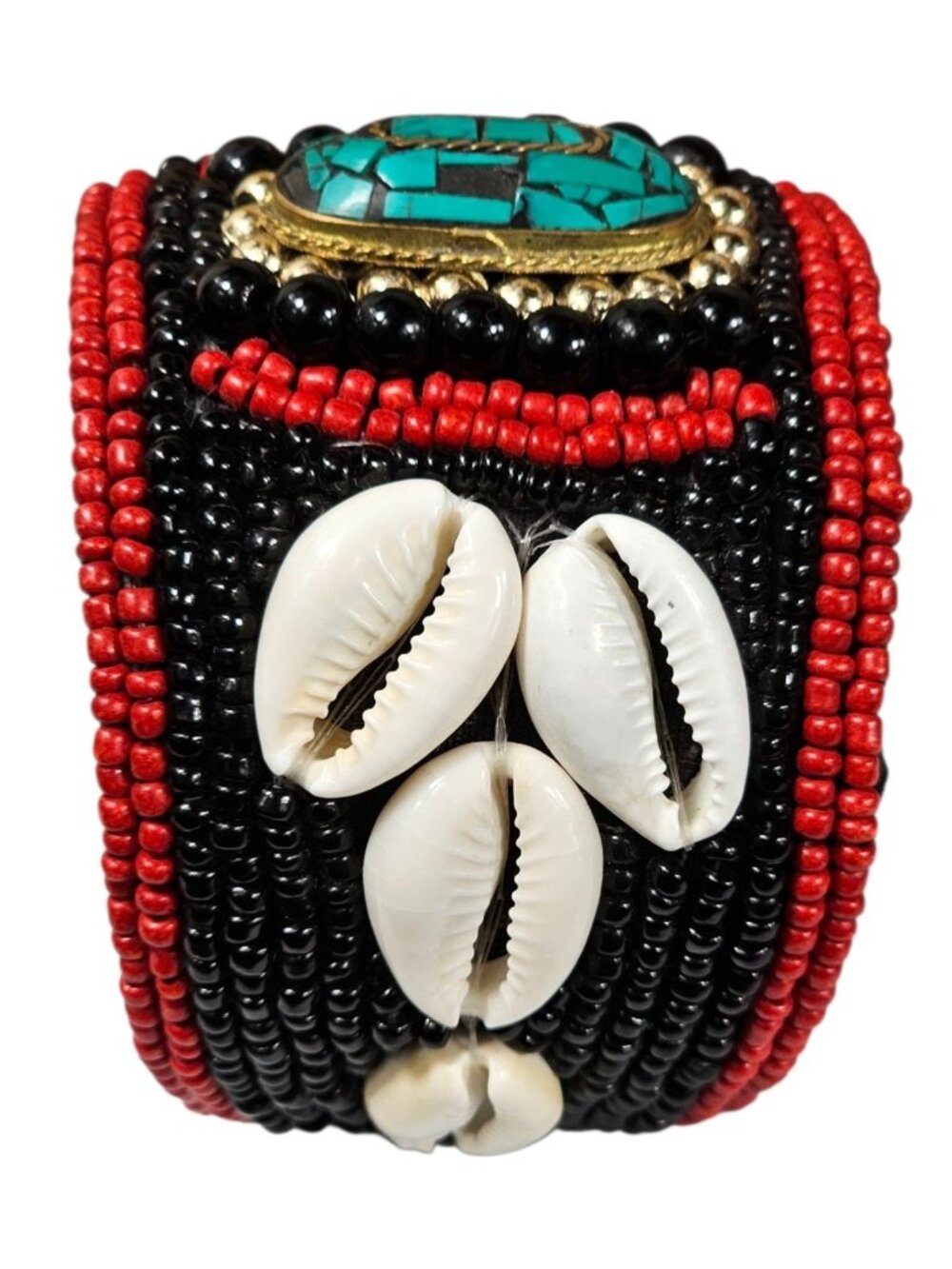 Handmade Beaded Cuff Bracelet Red & Black Seed Beads, Cowrie Shells, Turquoise - Picture 5 of 5
